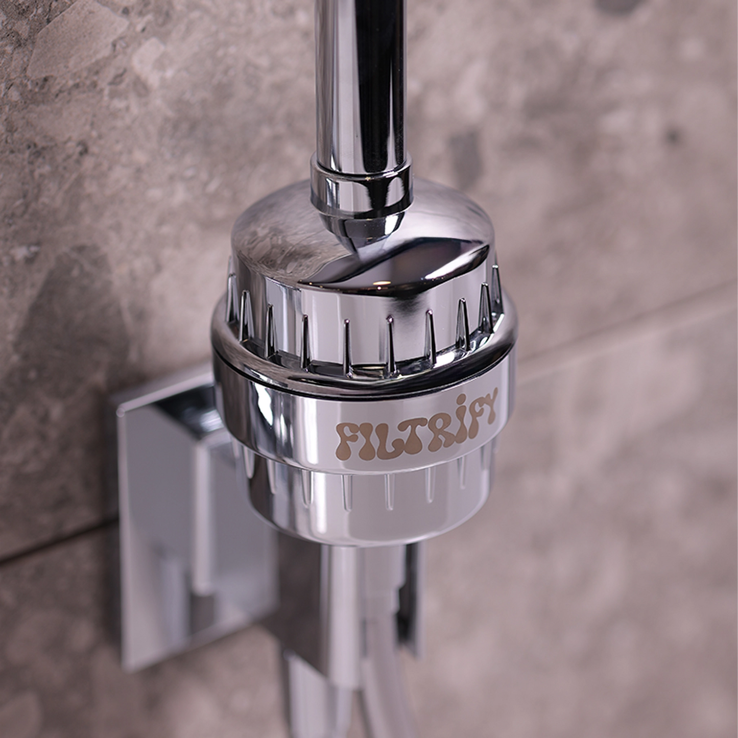 Filtrify chrome shower filter installed on shower hose | variant:chrome