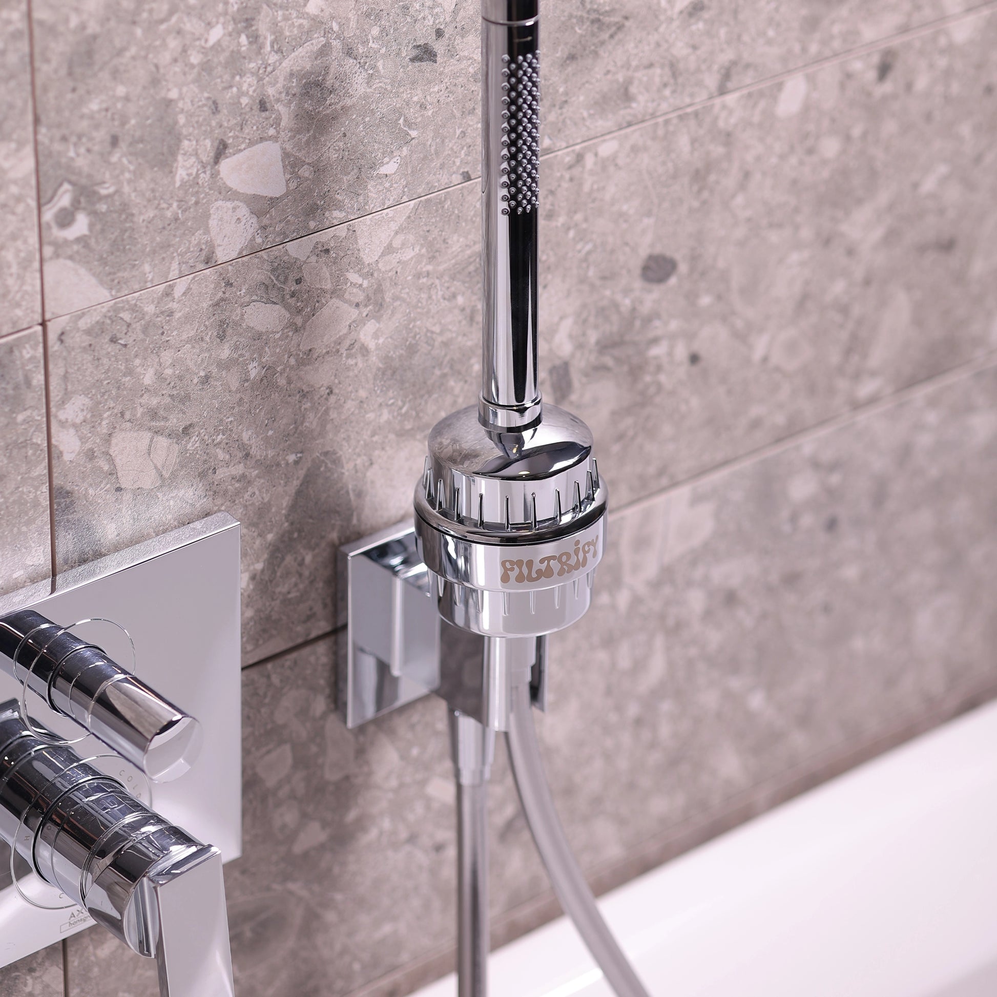 Filtrify chrome shower filter installed on shower hose | variant:chrome