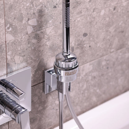 Filtrify chrome shower filter installed on shower hose | variant:chrome